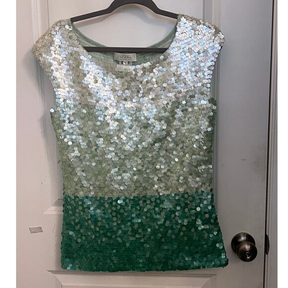 Escada Tops - VTG Escada ombré Gradient Green sequined sleeveless Wool top Mermaidcore Runway